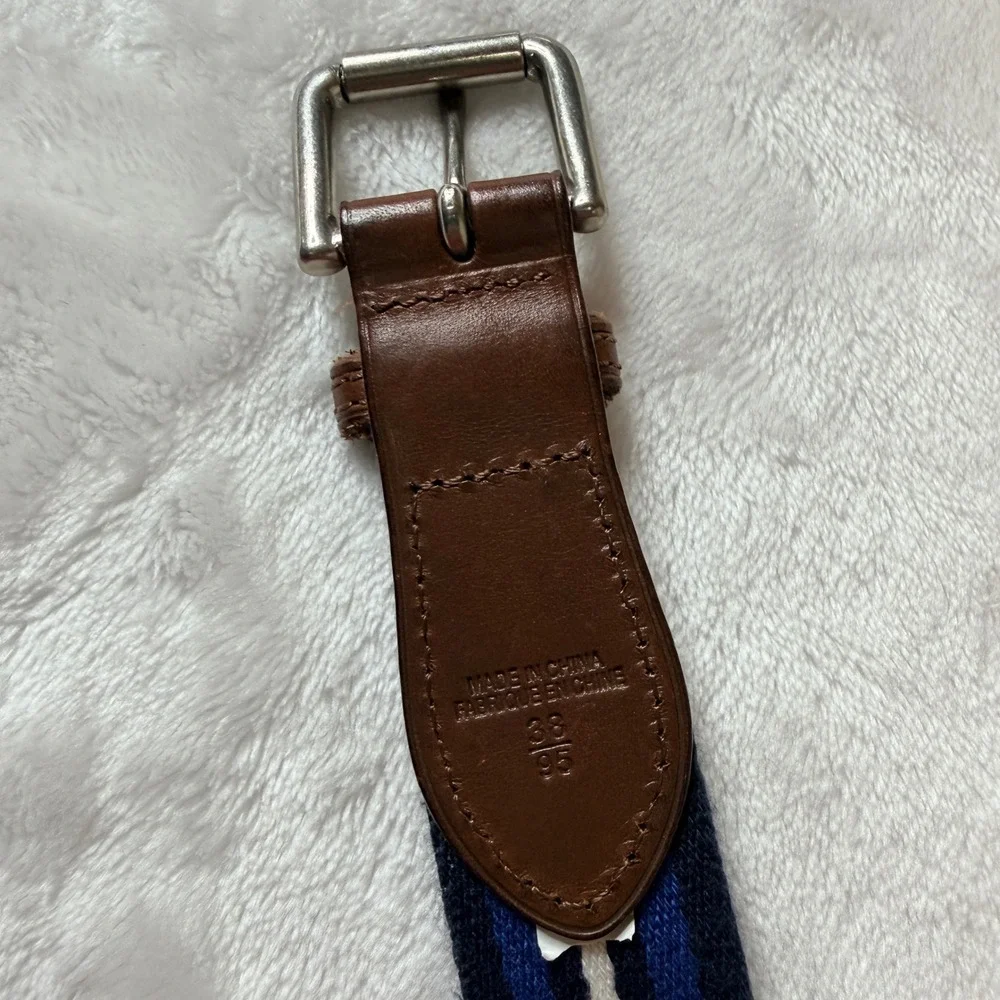 Polo Golf Ralph Lauren Navy Blue White Stripe Brown Leather Woven Fabric Belt 38